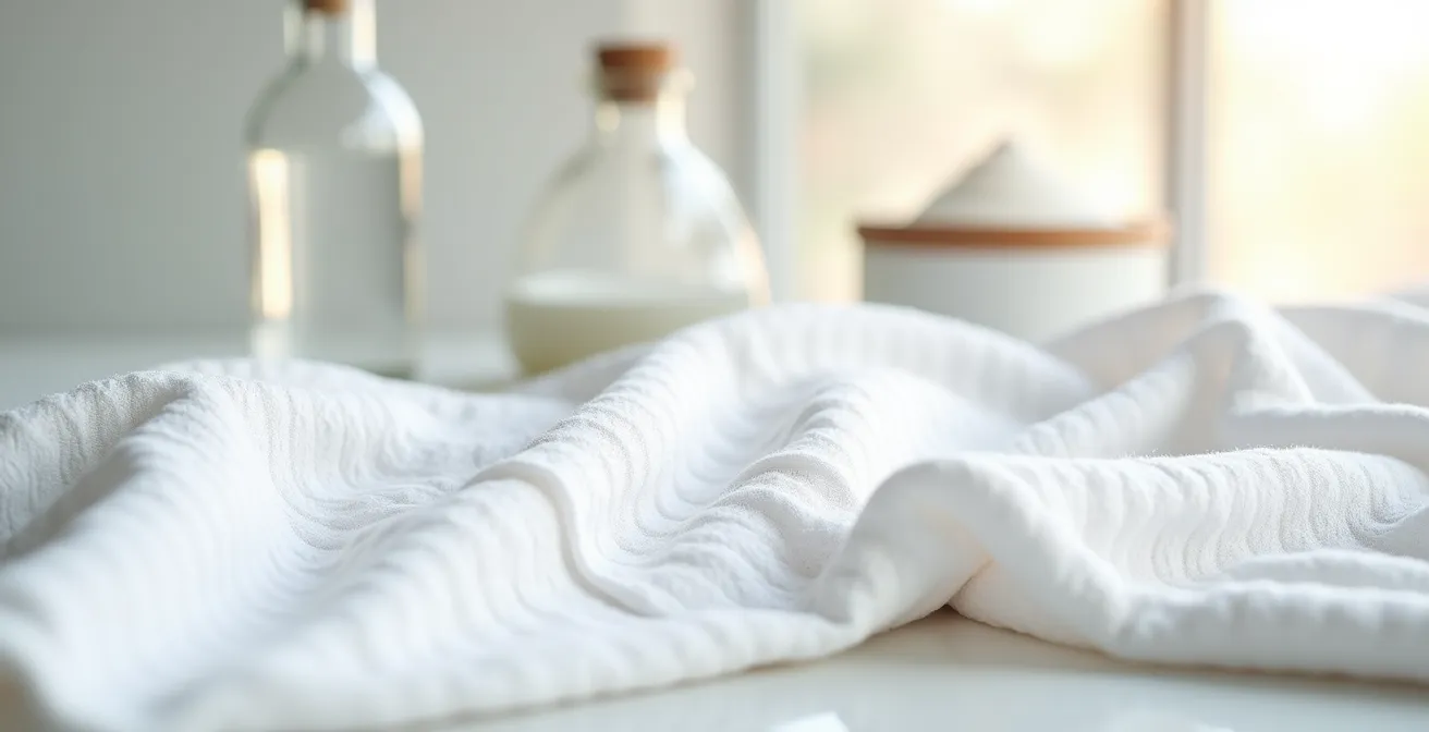 Detailaufnahme weißer Baumwollstoffe und natürlicher Pflegemittel