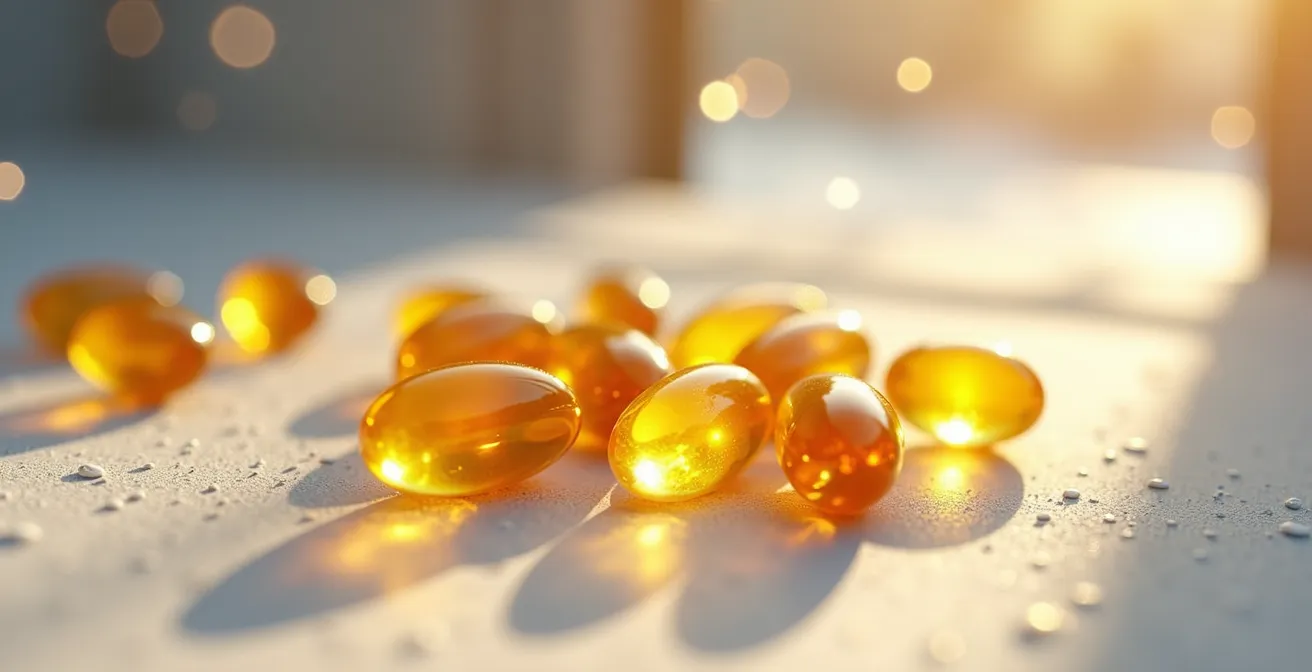 Makroaufnahme von Vitamin-D-Kapseln in warmem Licht mit unscharfem Winterfenster