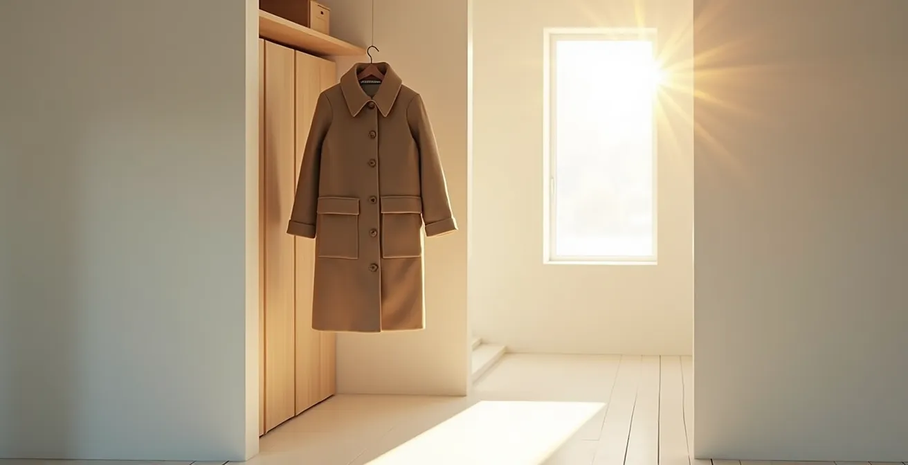 Leerer Kleiderschrank mit einzelnem Wintermantel im hellen Sommerlicht