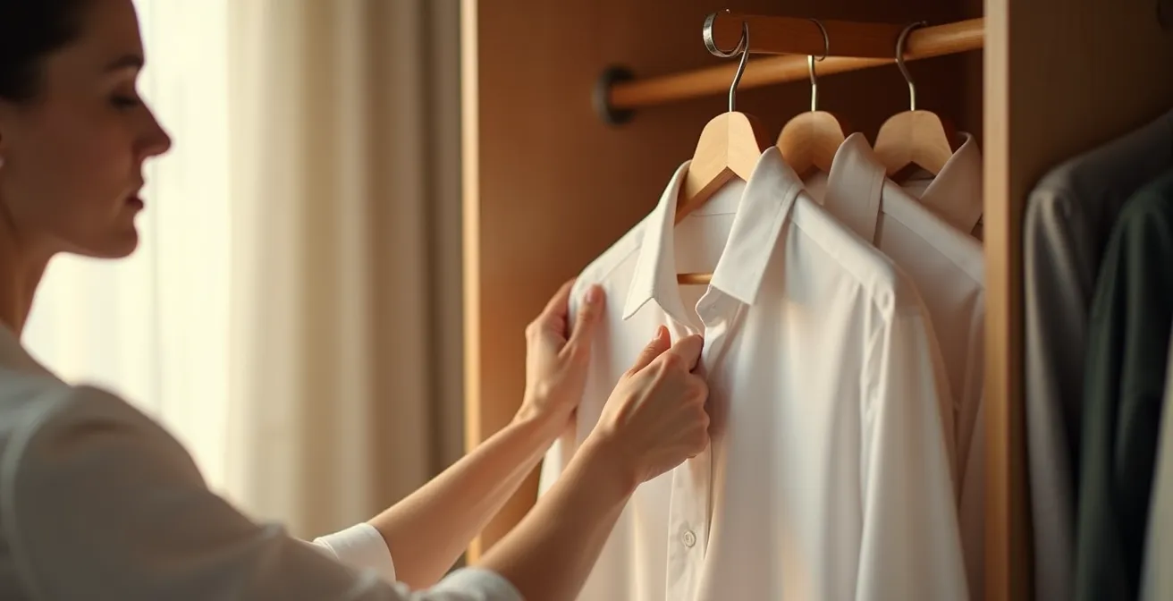 Minimalistisches Ankleidezimmer mit Steamer und gebügelter Kleidung